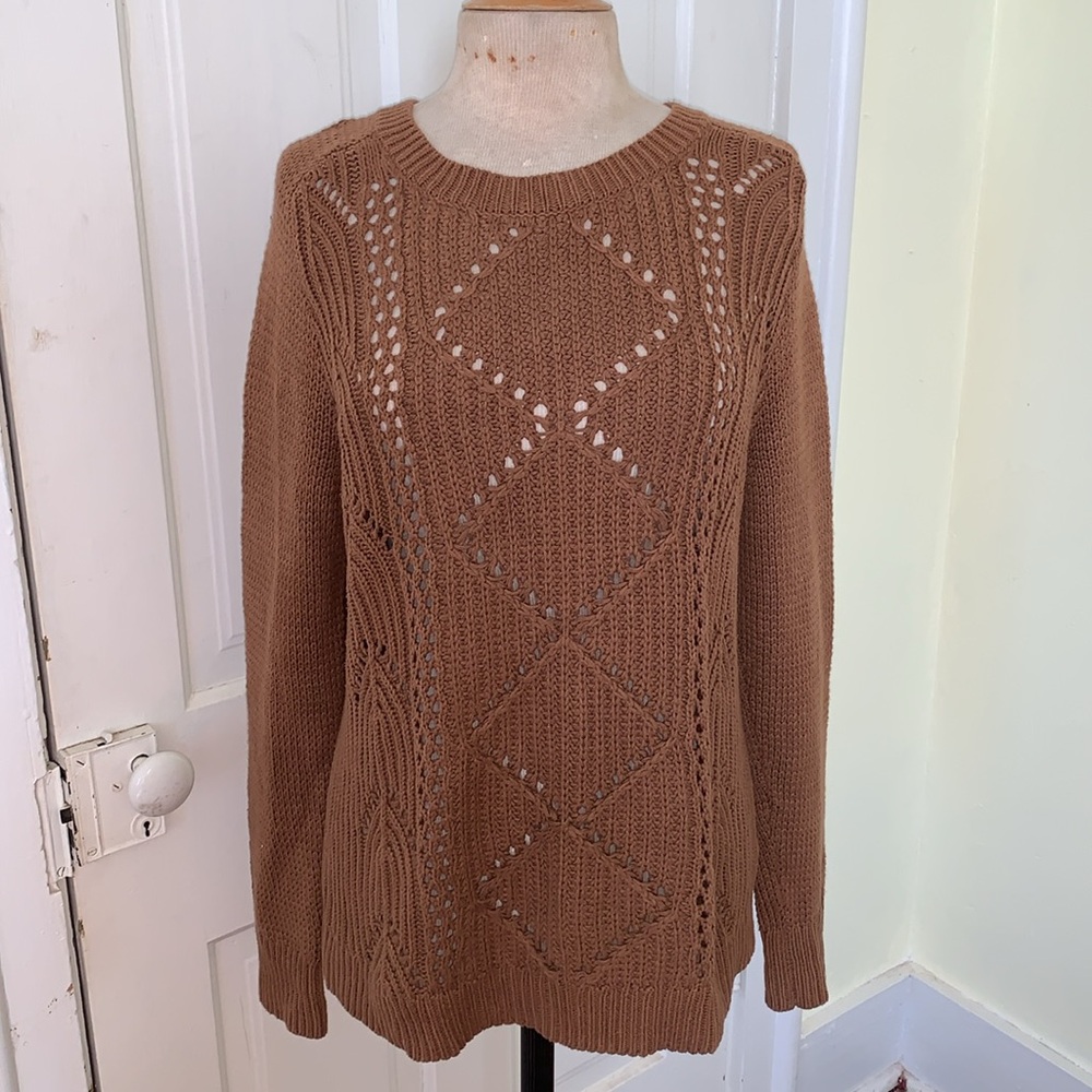 Old Navy Brown Open Cable Knit Textured Diamond Pattern Knit Crewneck Sweater L